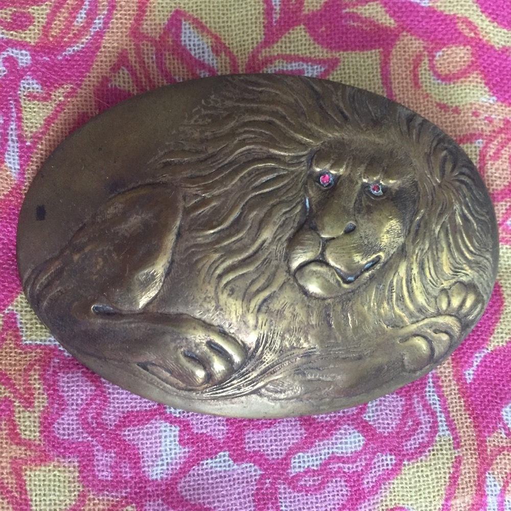 Antique Victorian Brass Ruby Leo Lion Brooch Pin